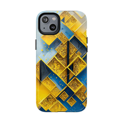 Golden Ascent iPhone 14 Plus MagSafe case featuring a bold geometric pattern in gold and blue with layered abstract shapes and intricate detailing.