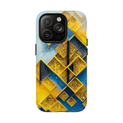 Golden Ascent iPhone 14 Pro MagSafe case featuring a bold geometric pattern in gold and blue with layered abstract shapes and intricate detailing.