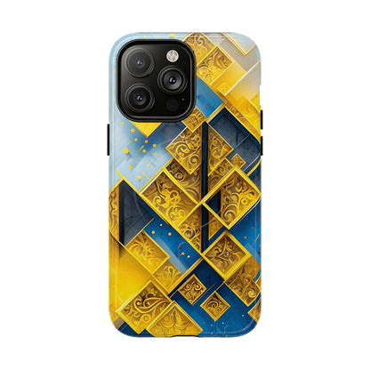 Golden Ascent iPhone 14 Pro Max MagSafe case featuring a bold geometric pattern in gold and blue with layered abstract shapes and intricate detailing.