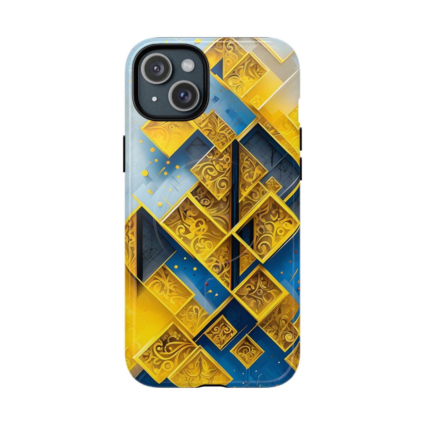 Golden Ascent iPhone 15 Plus MagSafe case featuring a bold geometric pattern in gold and blue with layered abstract shapes and intricate detailing.