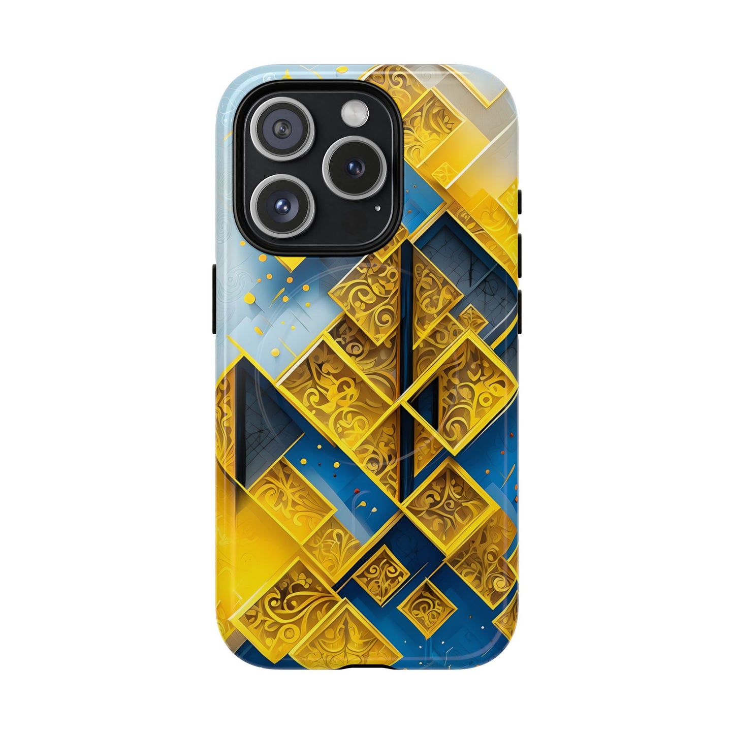 Golden Ascent iPhone 15 Pro MagSafe case featuring a bold geometric pattern in gold and blue with layered abstract shapes and intricate detailing.