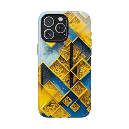Golden Ascent iPhone 15 Pro Max MagSafe case featuring a bold geometric pattern in gold and blue with layered abstract shapes and intricate detailing.