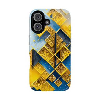 Golden Ascent iPhone 16 MagSafe case featuring a bold geometric pattern in gold and blue with layered abstract shapes and intricate detailing.