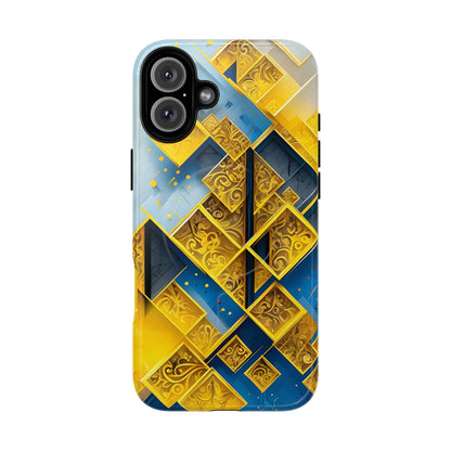 Golden Ascent iPhone 16 Plus MagSafe case featuring a bold geometric pattern in gold and blue with layered abstract shapes and intricate detailing.