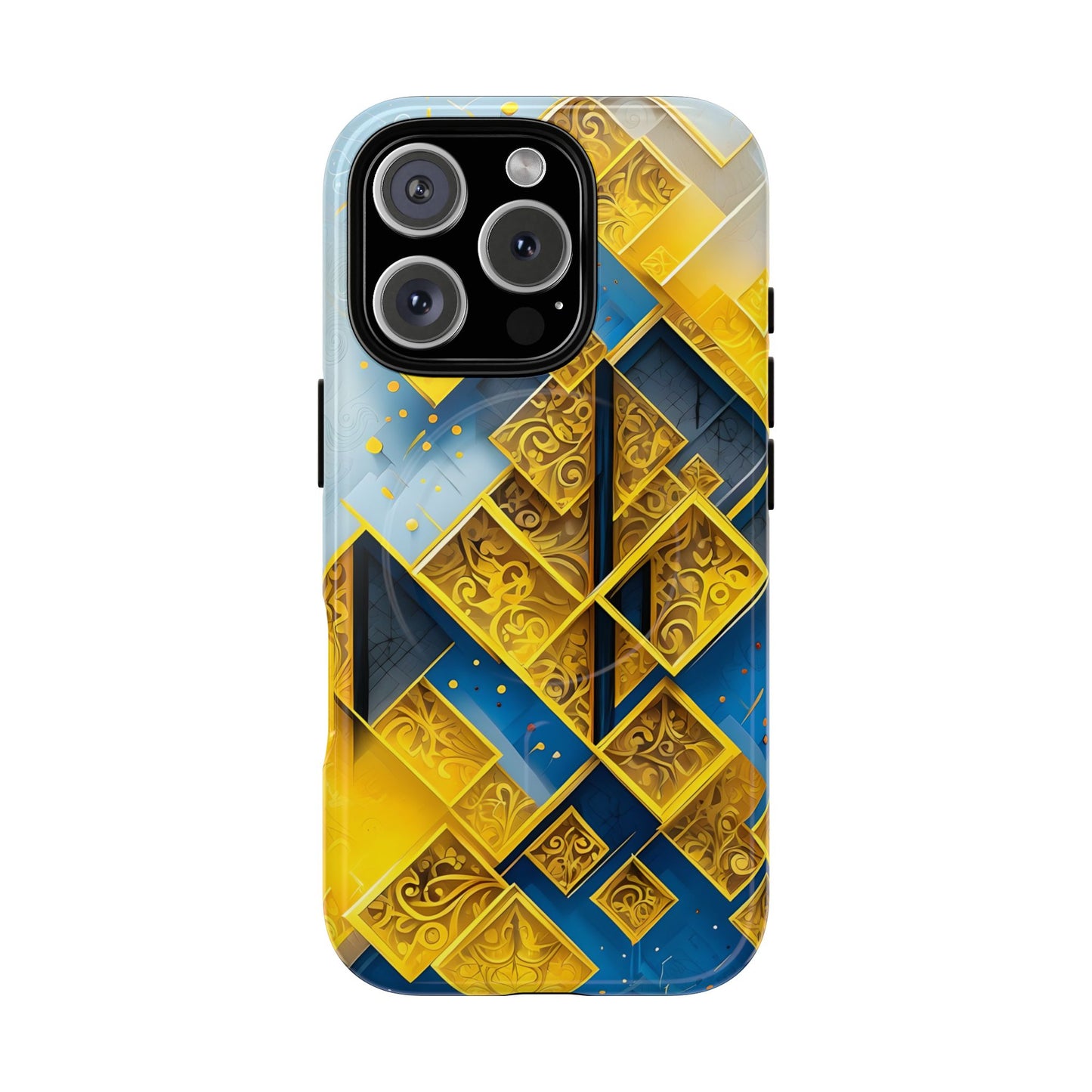 Golden Ascent iPhone 16 Pro MagSafe case featuring a bold geometric pattern in gold and blue with layered abstract shapes and intricate detailing.