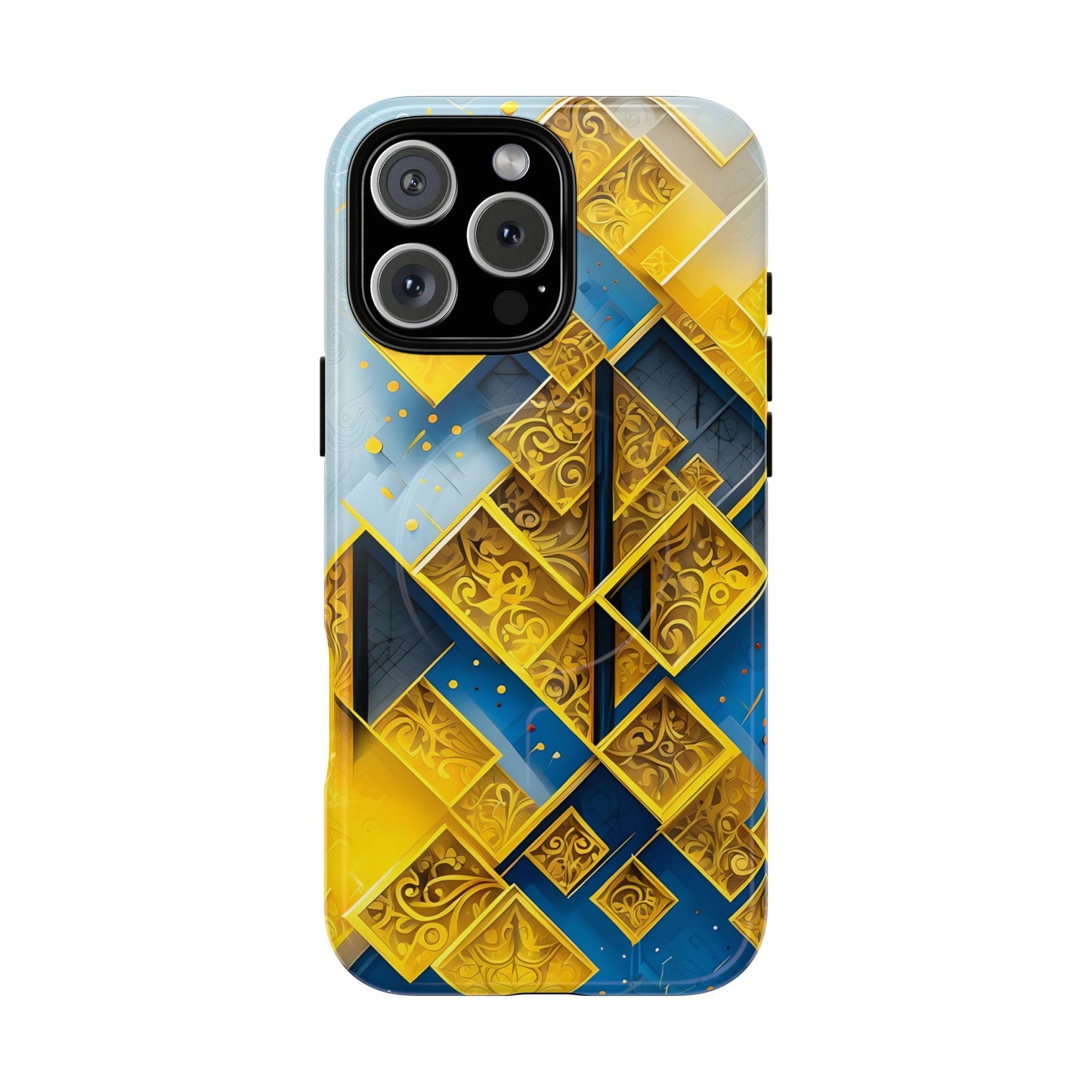 Golden Ascent iPhone 16 Pro Max MagSafe case featuring a bold geometric pattern in gold and blue with layered abstract shapes and intricate detailing.