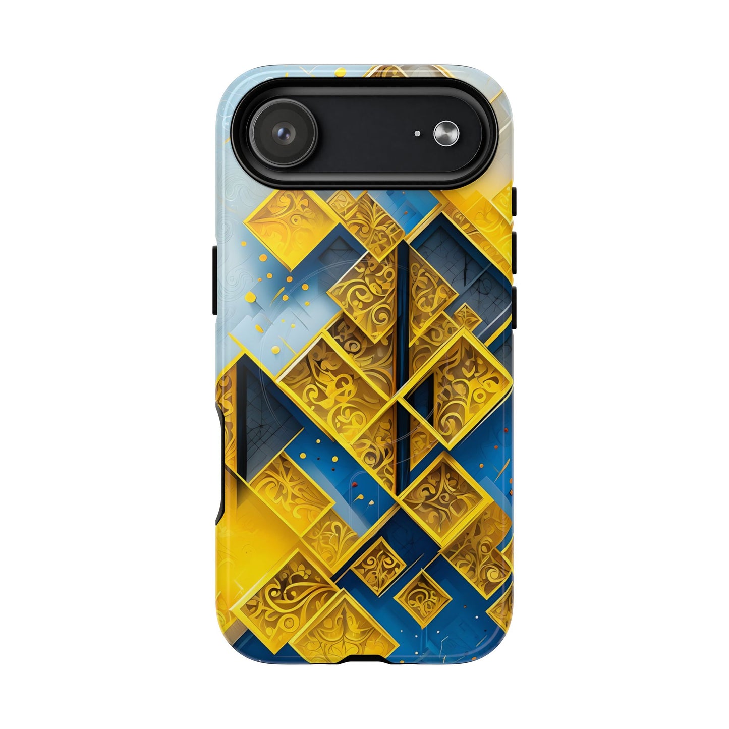 Golden Ascent iPhone 17 Air MagSafe case featuring a bold geometric pattern in gold and blue with layered abstract shapes and intricate detailing.