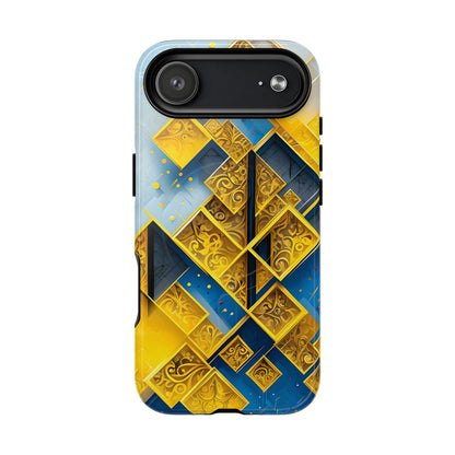 Golden Ascent iPhone 17 Air MagSafe case featuring a bold geometric pattern in gold and blue with layered abstract shapes and intricate detailing.