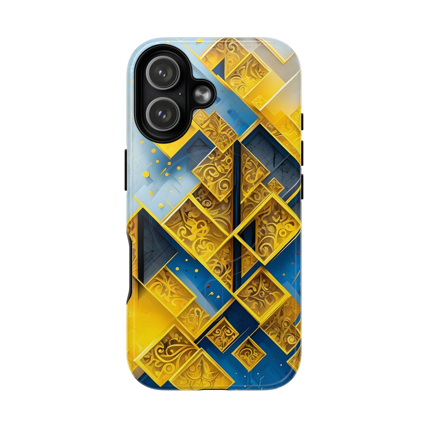 Golden Ascent iPhone 17 MagSafe case featuring a bold geometric pattern in gold and blue with layered abstract shapes and intricate detailing.