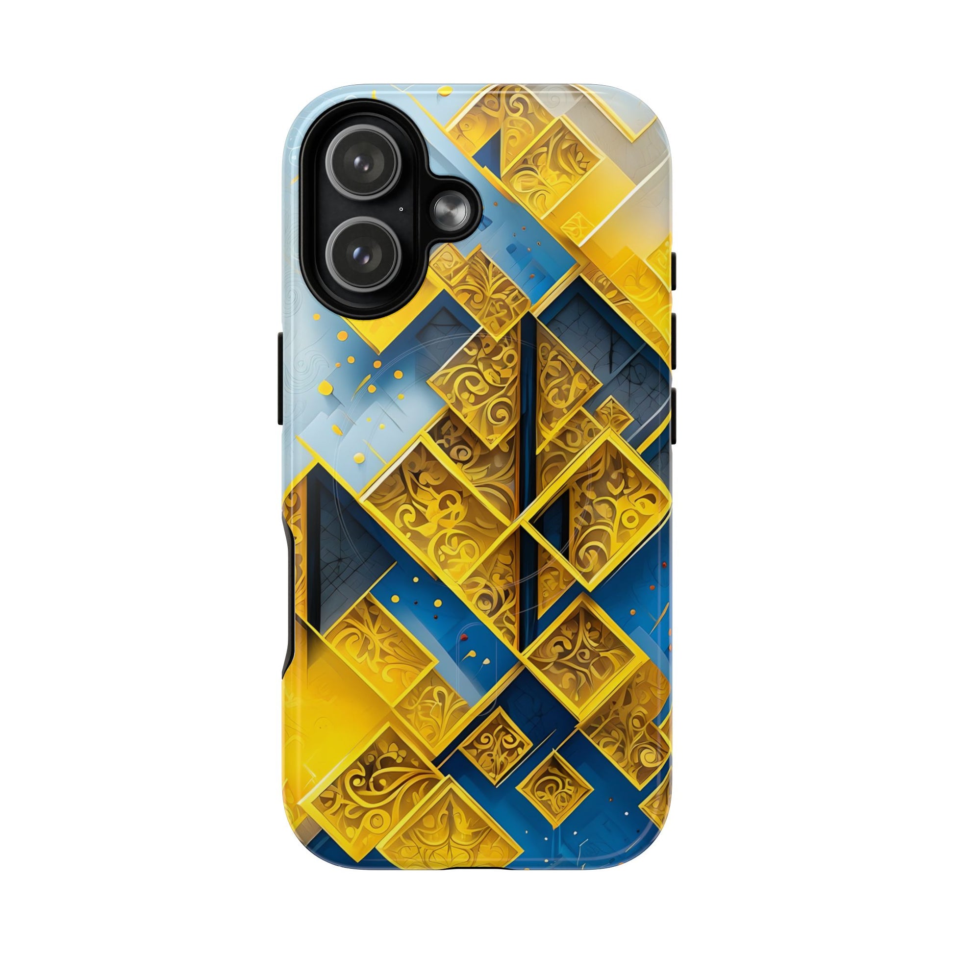 Golden Ascent iPhone 17 MagSafe case featuring a bold geometric pattern in gold and blue with layered abstract shapes and intricate detailing.