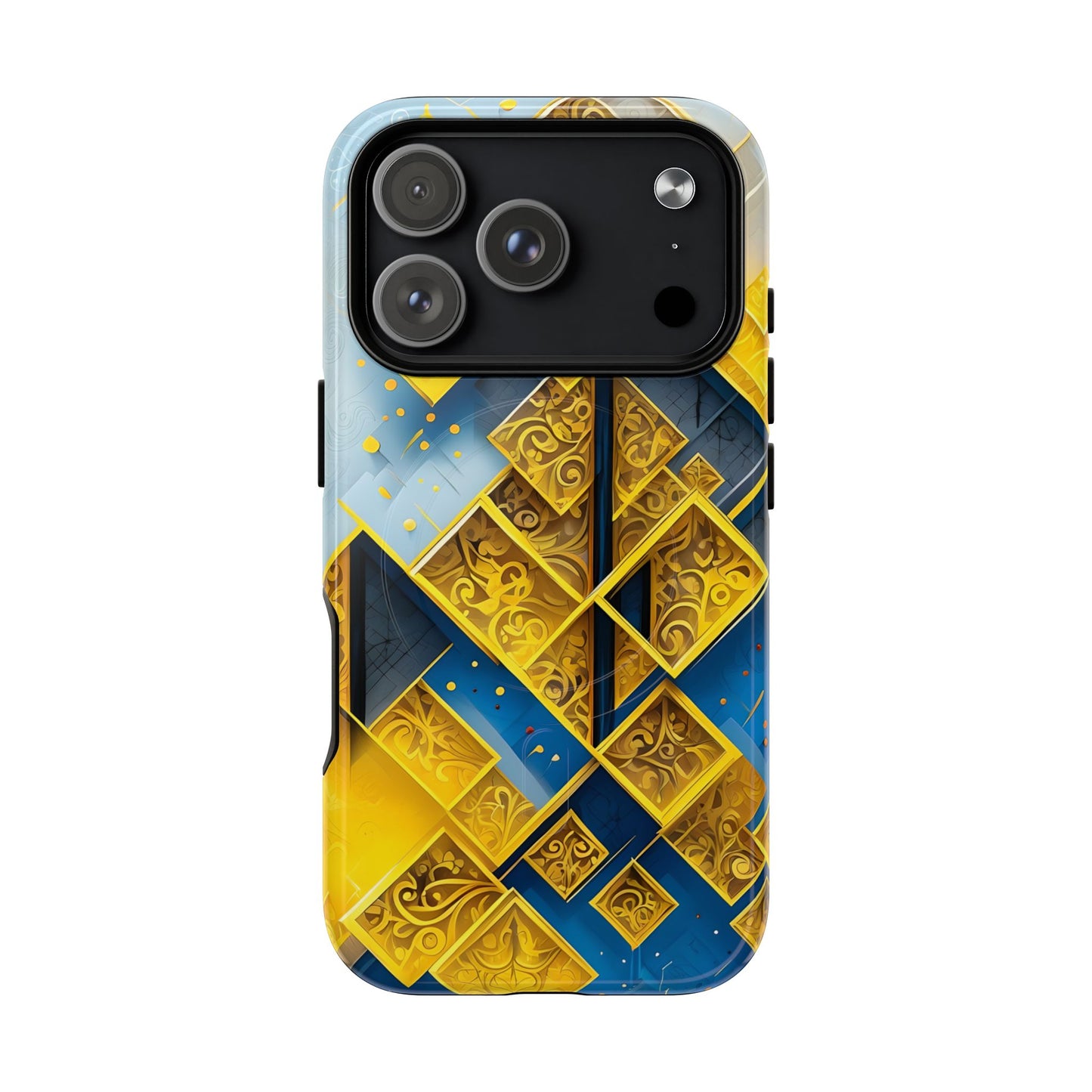 Golden Ascent iPhone 17 Pro MagSafe case featuring a bold geometric pattern in gold and blue with layered abstract shapes and intricate detailing.