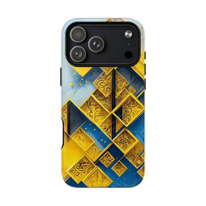 Golden Ascent iPhone 17 Pro Max MagSafe case featuring a bold geometric pattern in gold and blue with layered abstract shapes and intricate detailing.