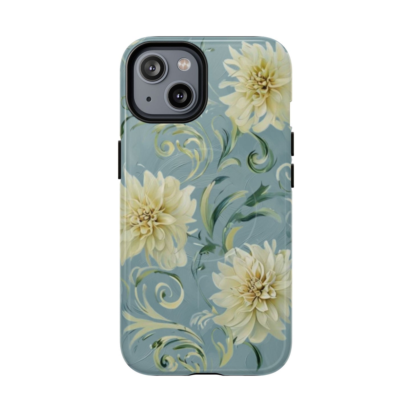 Golden dahlia floral iPhone 14 MagSafe phone case with art nouveau botanical swirl design