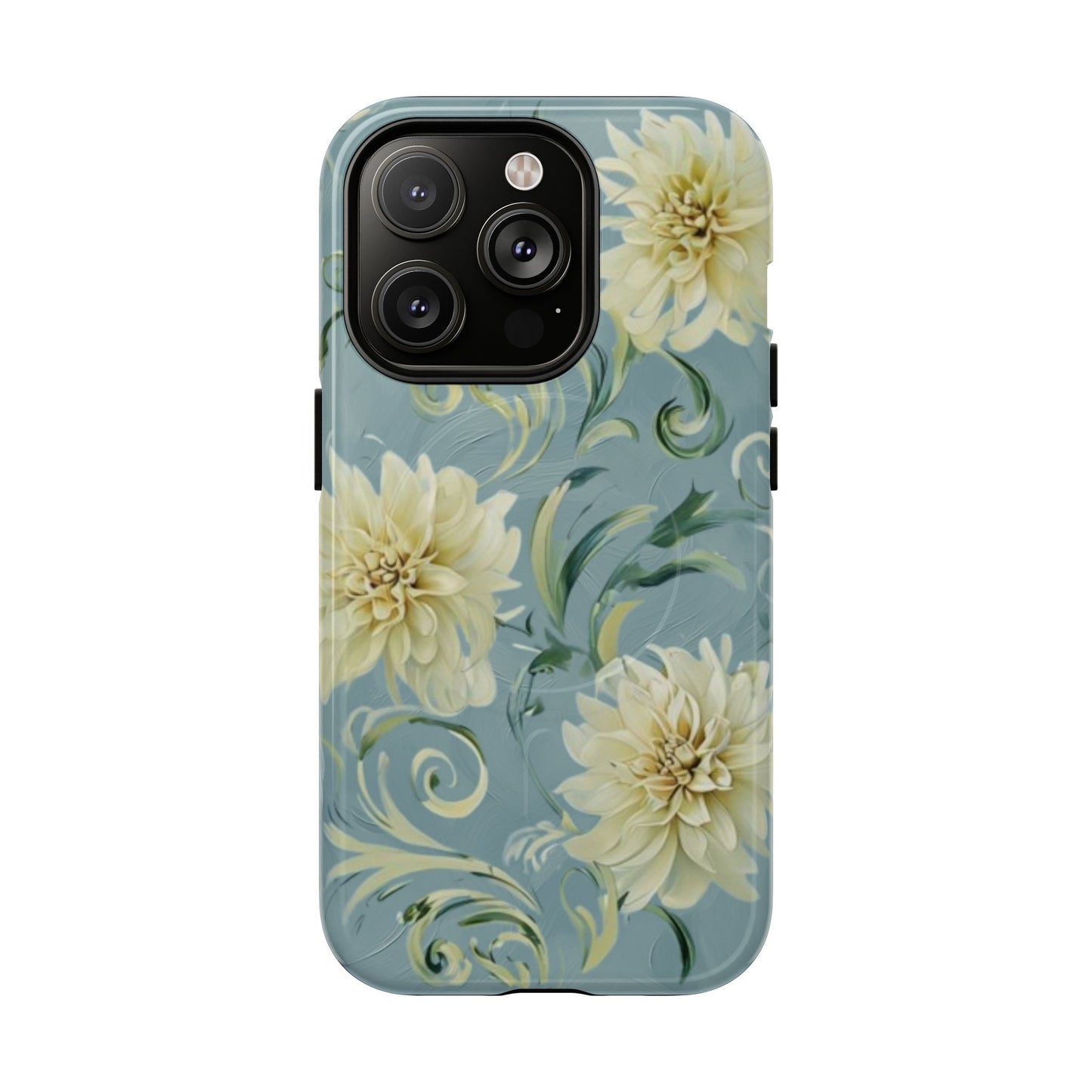 Golden dahlia floral iPhone 14 Pro MagSafe phone case with art nouveau botanical swirl design