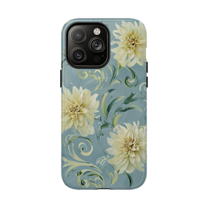 Golden dahlia floral iPhone 14 Pro Max MagSafe phone case with art nouveau botanical swirl design