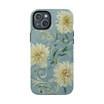 Golden dahlia floral iPhone 15 Plus MagSafe phone case with art nouveau botanical swirl design