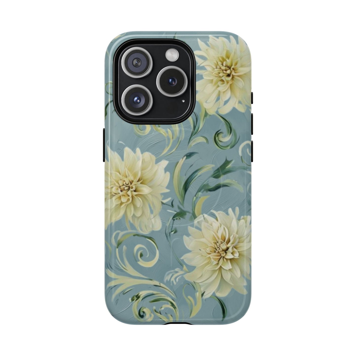 Golden dahlia floral iPhone 15 Pro MagSafe phone case with art nouveau botanical swirl design