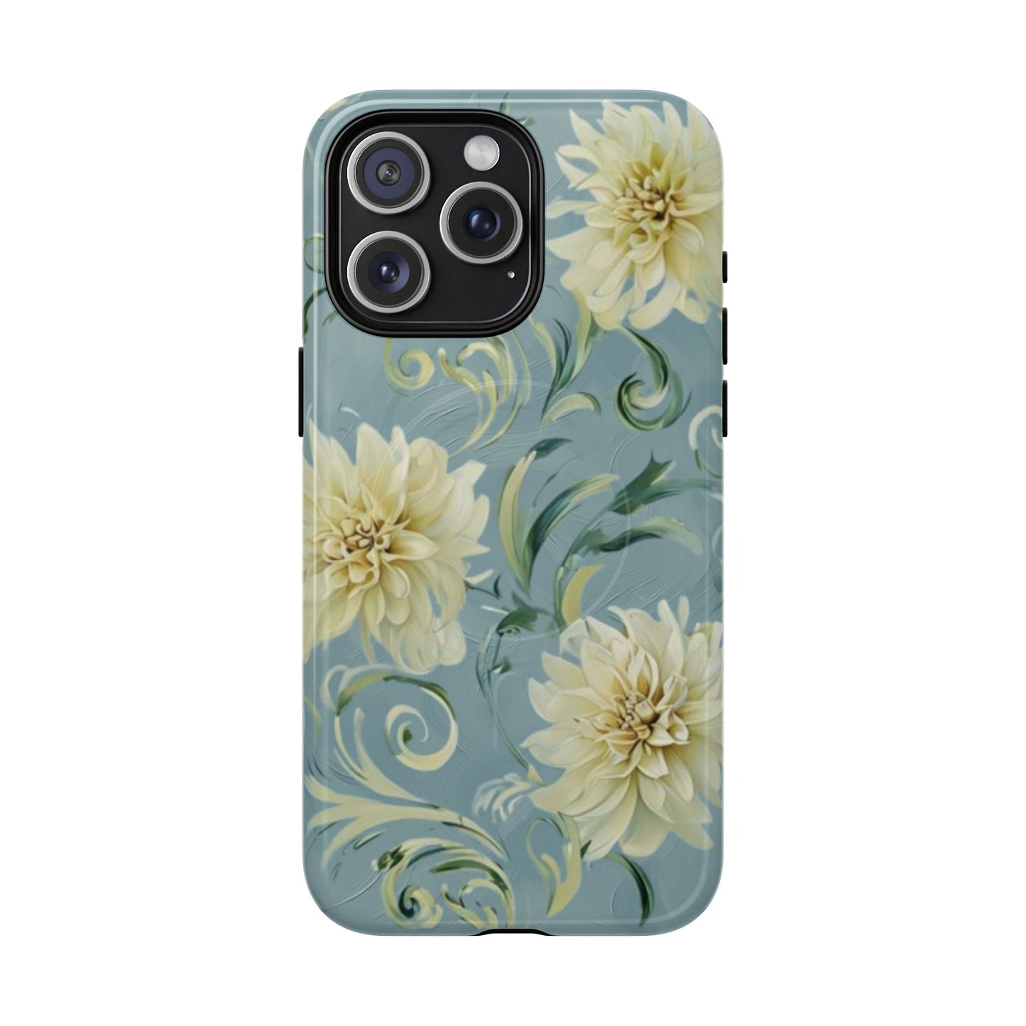 Golden dahlia floral iPhone 15 Pro Max MagSafe phone case with art nouveau botanical swirl design