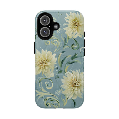 Golden dahlia floral iPhone 16 MagSafe phone case with art nouveau botanical swirl design