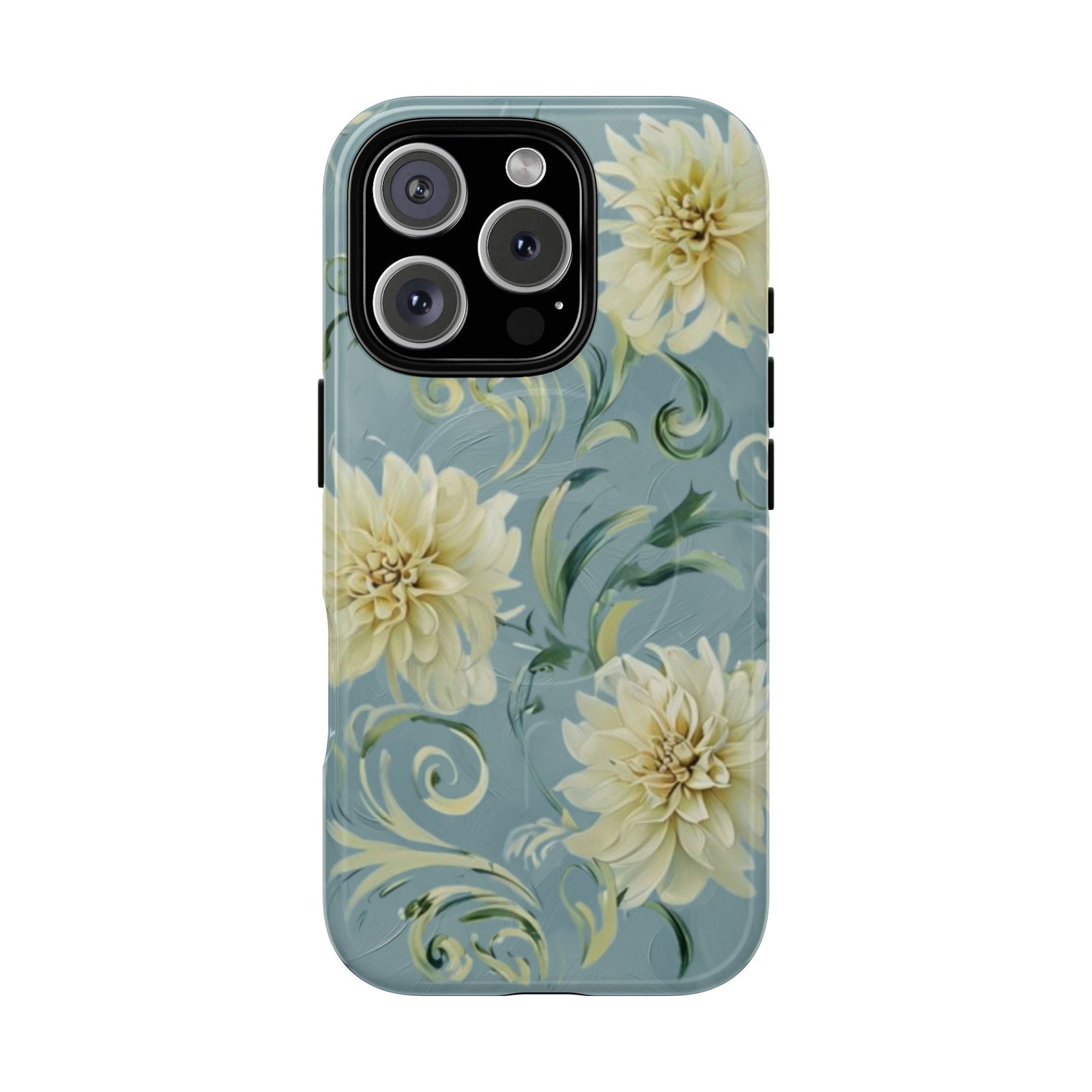 Golden dahlia floral iPhone MagSafe 16 Pro phone case with art nouveau botanical swirl design