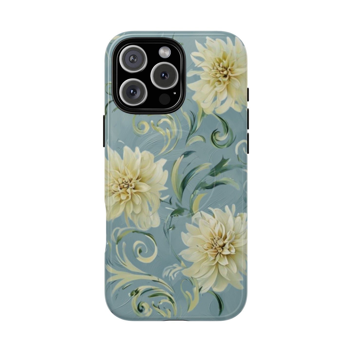 Golden dahlia floral iPhone 16 Pro Max MagSafe phone case with art nouveau botanical swirl design