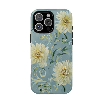 Golden dahlia floral iPhone 16 Pro Max MagSafe phone case with art nouveau botanical swirl design