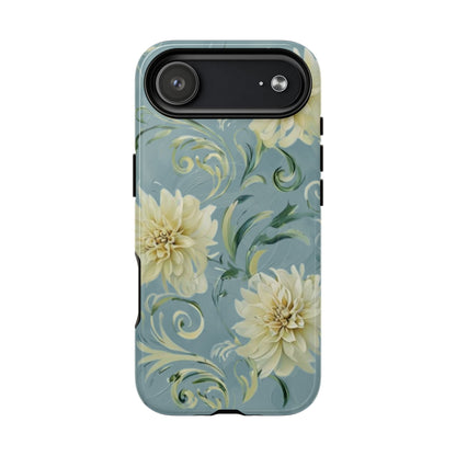 Golden dahlia floral iPhone 17 Air MagSafe phone case with art nouveau botanical swirl design