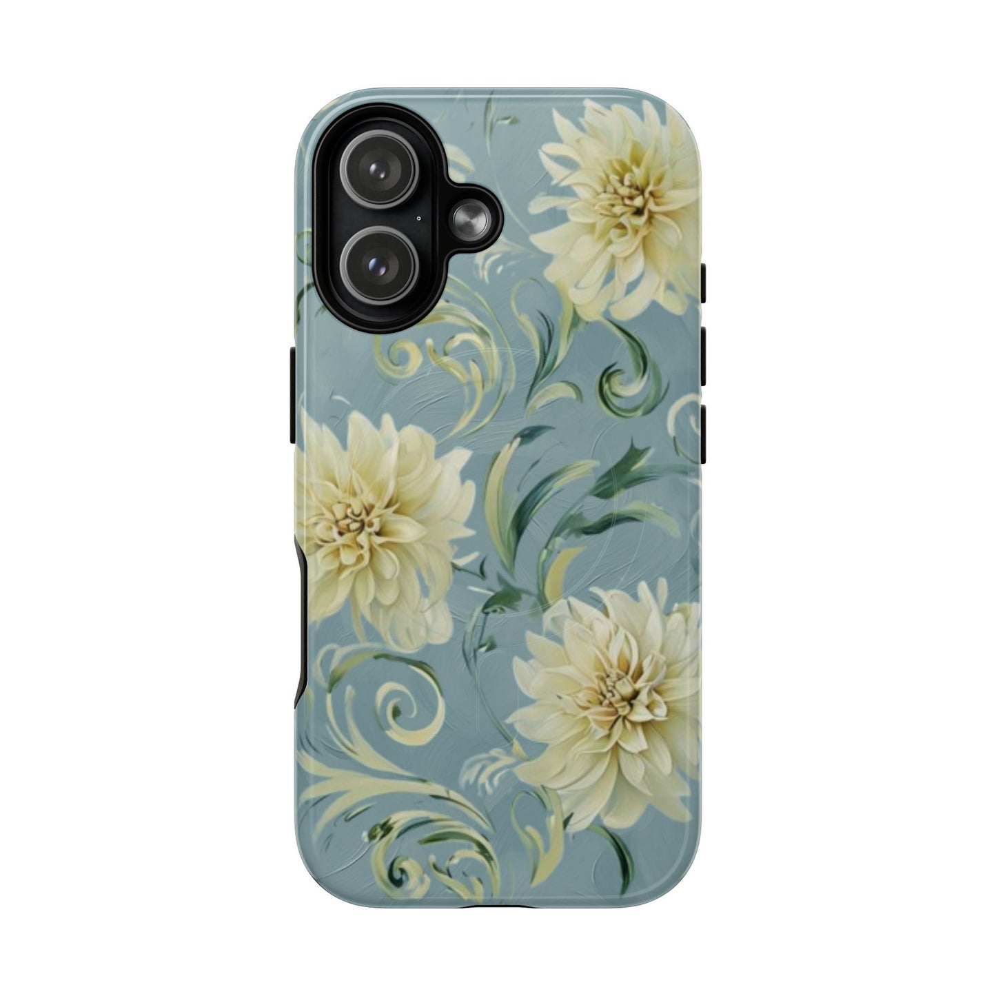 Golden dahlia floral iPhone 17 MagSafe phone case with art nouveau botanical swirl design