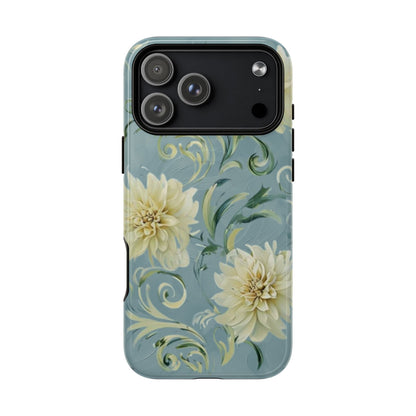 Golden dahlia floral iPhone MagSafe 17 Pro Max phone case with art nouveau botanical swirl design