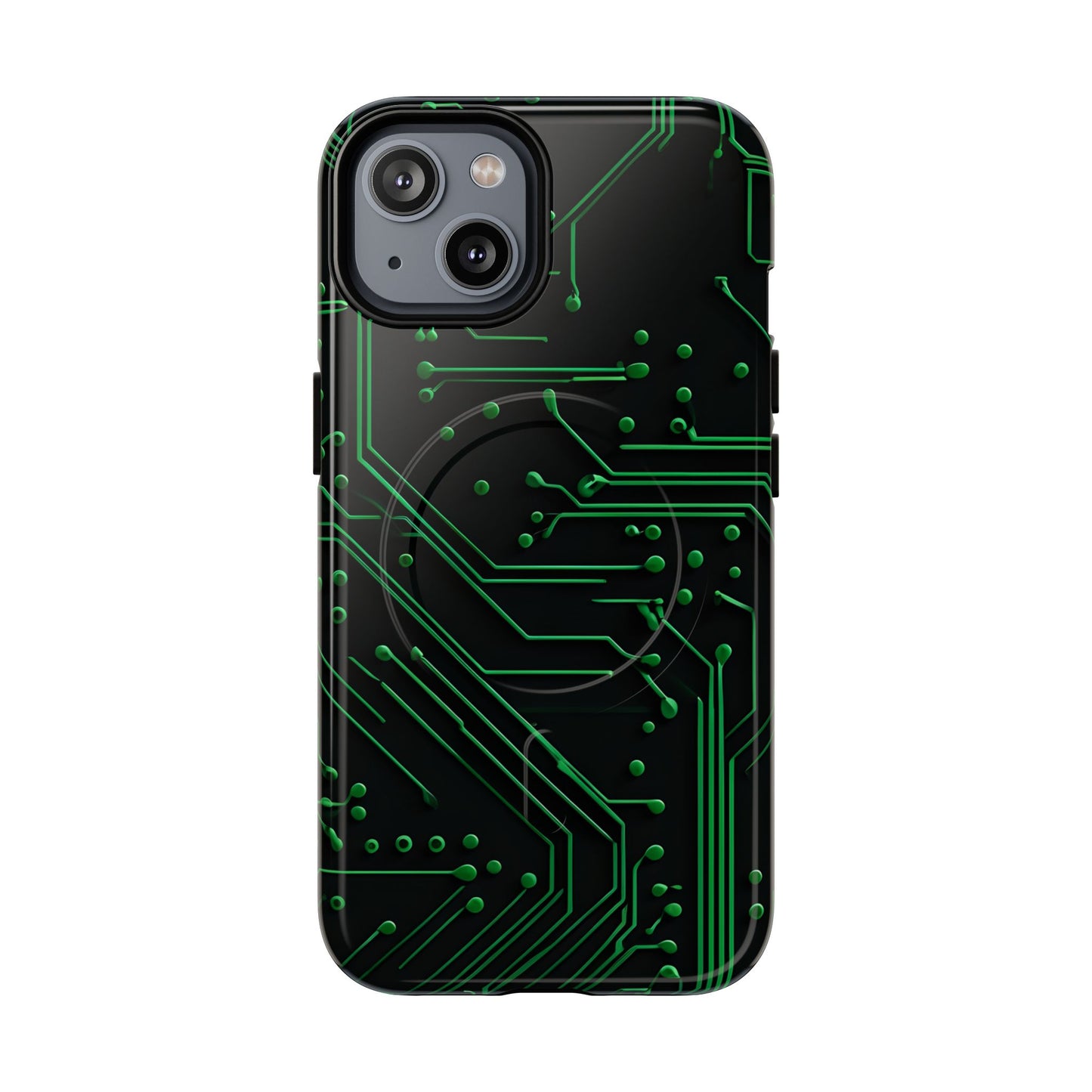Green Circuit Grid iPhone 14 MagSafe case featuring a glowing green circuit board pattern on a black tech-inspired background.