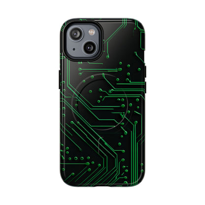 Green Circuit Grid iPhone 14 MagSafe case featuring a glowing green circuit board pattern on a black tech-inspired background.