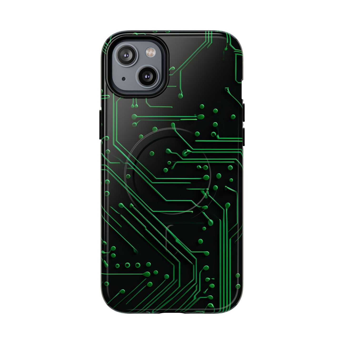Green Circuit Grid iPhone 14 Plus MagSafe case featuring a glowing green circuit board pattern on a black tech-inspired background.
