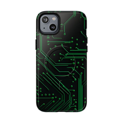 Green Circuit Grid iPhone 14 Plus MagSafe case featuring a glowing green circuit board pattern on a black tech-inspired background.