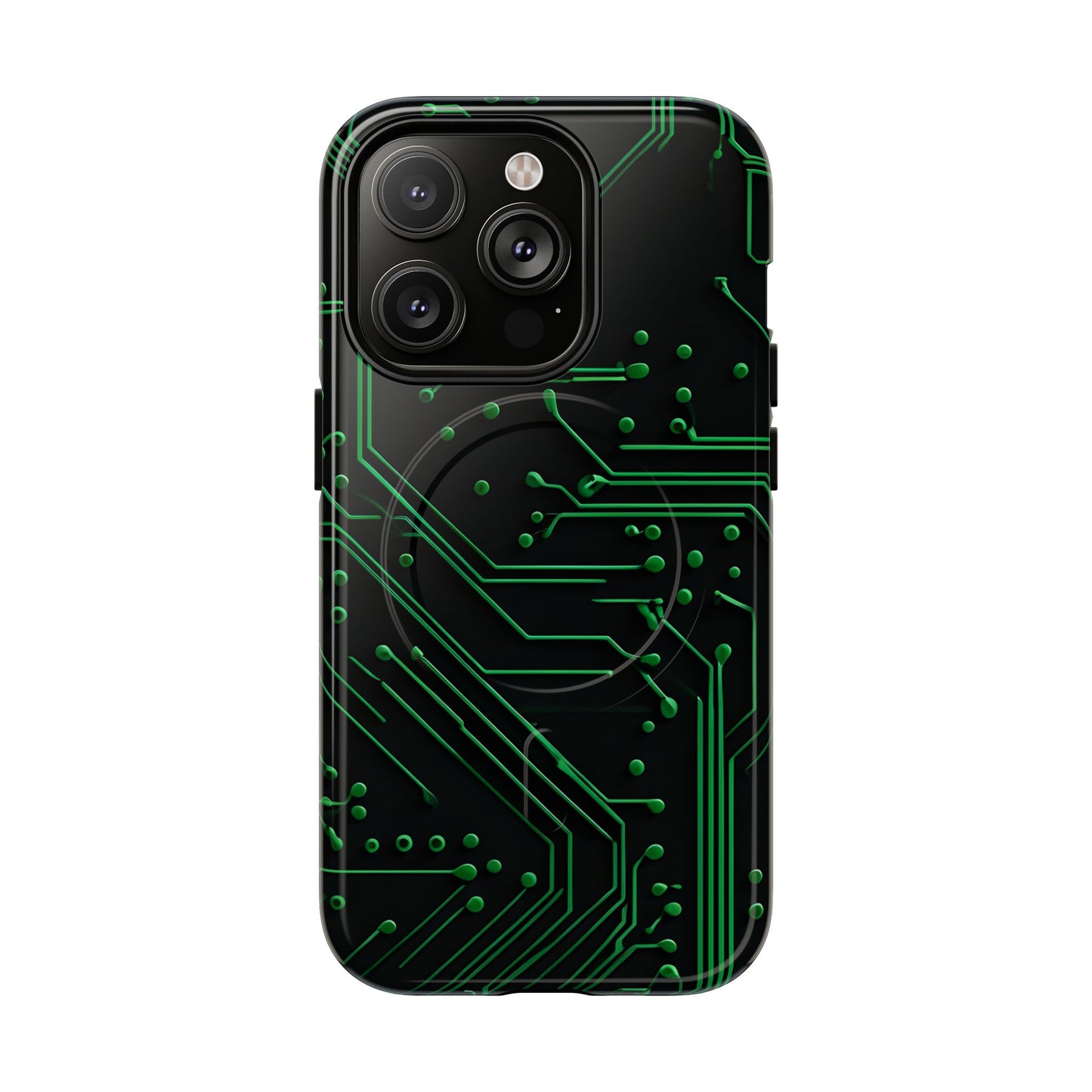 Green Circuit Grid iPhone 14 Pro MagSafe case featuring a glowing green circuit board pattern on a black tech-inspired background.