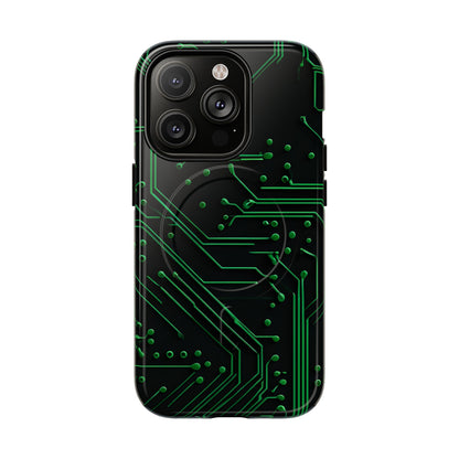 Green Circuit Grid iPhone 14 Pro MagSafe case featuring a glowing green circuit board pattern on a black tech-inspired background.