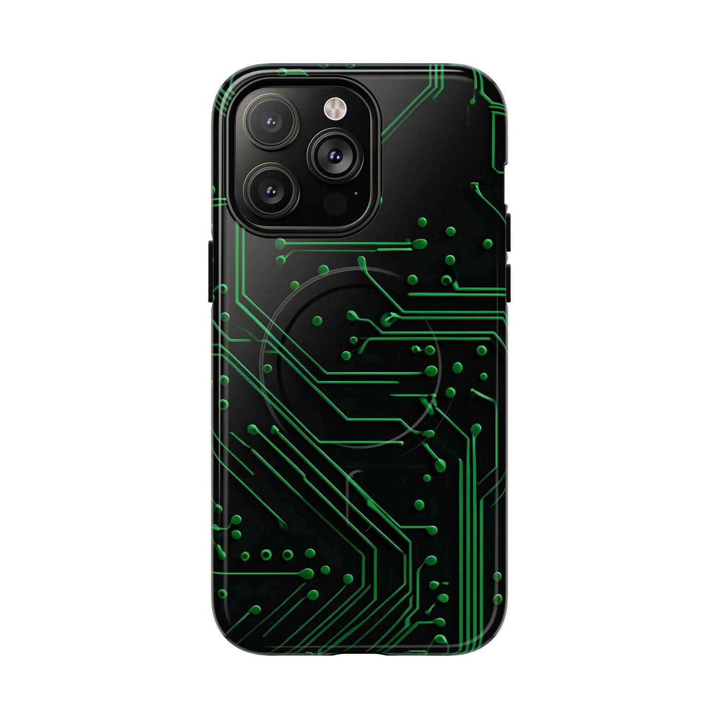 Green Circuit Grid iPhone 14 Pro Max MagSafe case featuring a glowing green circuit board pattern on a black tech-inspired background.