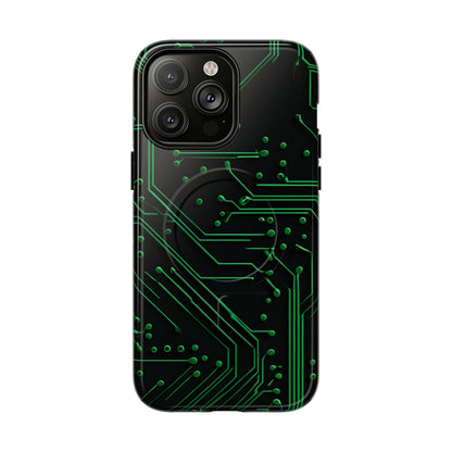Green Circuit Grid iPhone 14 Pro Max MagSafe case featuring a glowing green circuit board pattern on a black tech-inspired background.