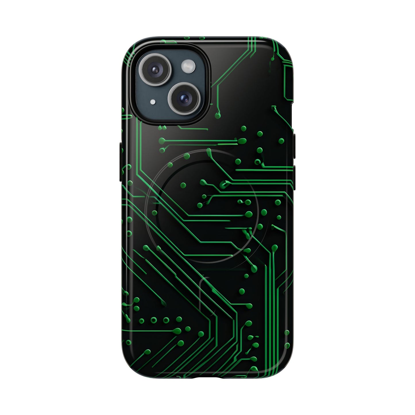 Green Circuit Grid iPhone 15 MagSafe case featuring a glowing green circuit board pattern on a black tech-inspired background.