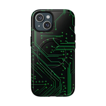 Green Circuit Grid iPhone 15 MagSafe case featuring a glowing green circuit board pattern on a black tech-inspired background.