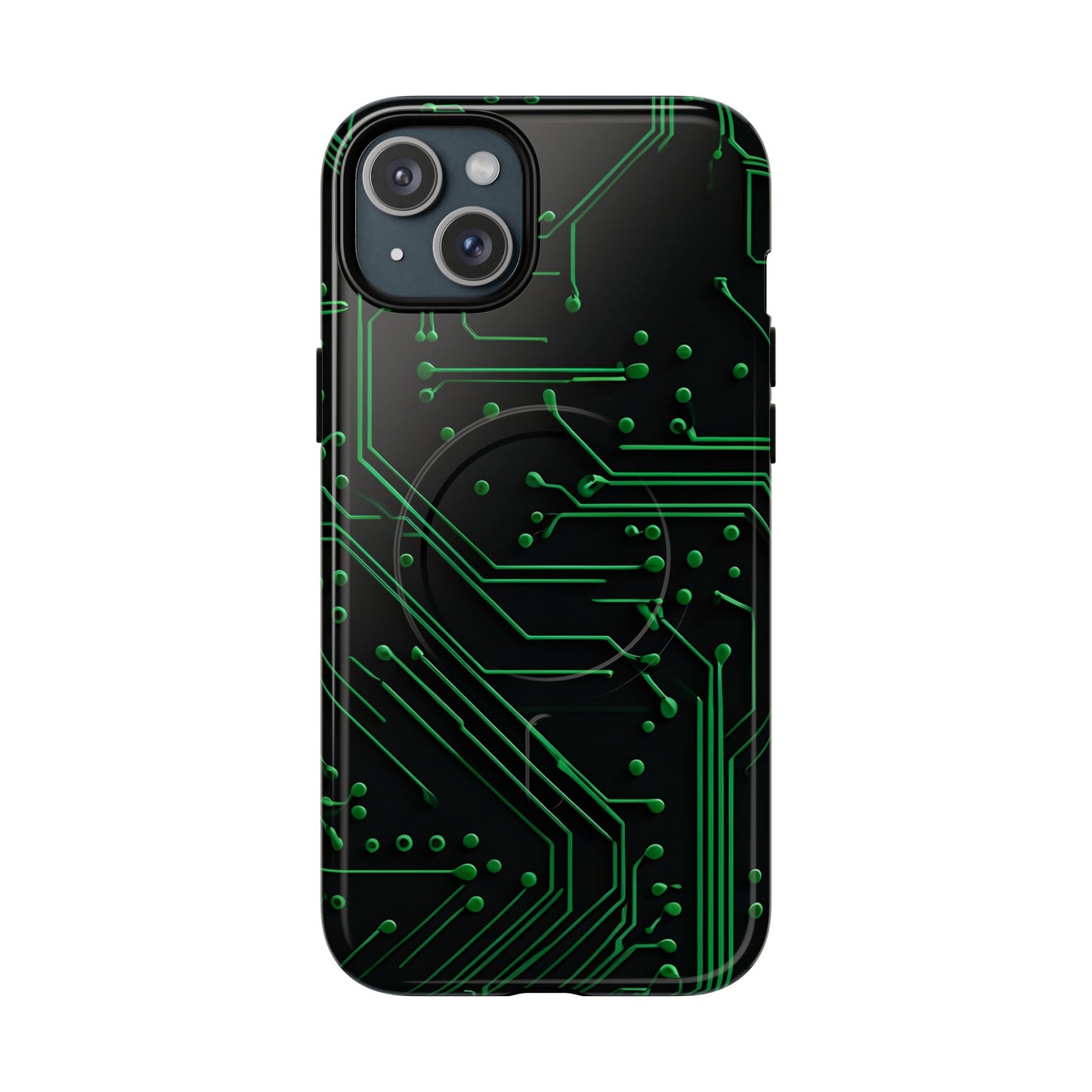 Green Circuit Grid iPhone 15 Plus MagSafe case featuring a glowing green circuit board pattern on a black tech-inspired background.