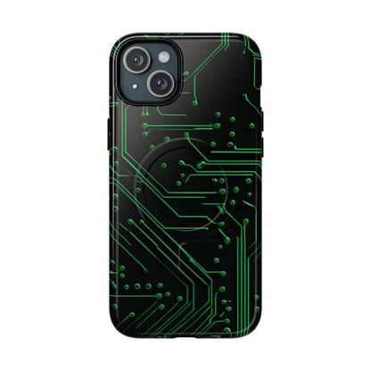 Green Circuit Grid iPhone 15 Plus MagSafe case featuring a glowing green circuit board pattern on a black tech-inspired background.