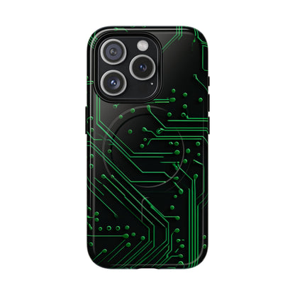 Green Circuit Grid iPhone 15 Pro MagSafe case featuring a glowing green circuit board pattern on a black tech-inspired background.