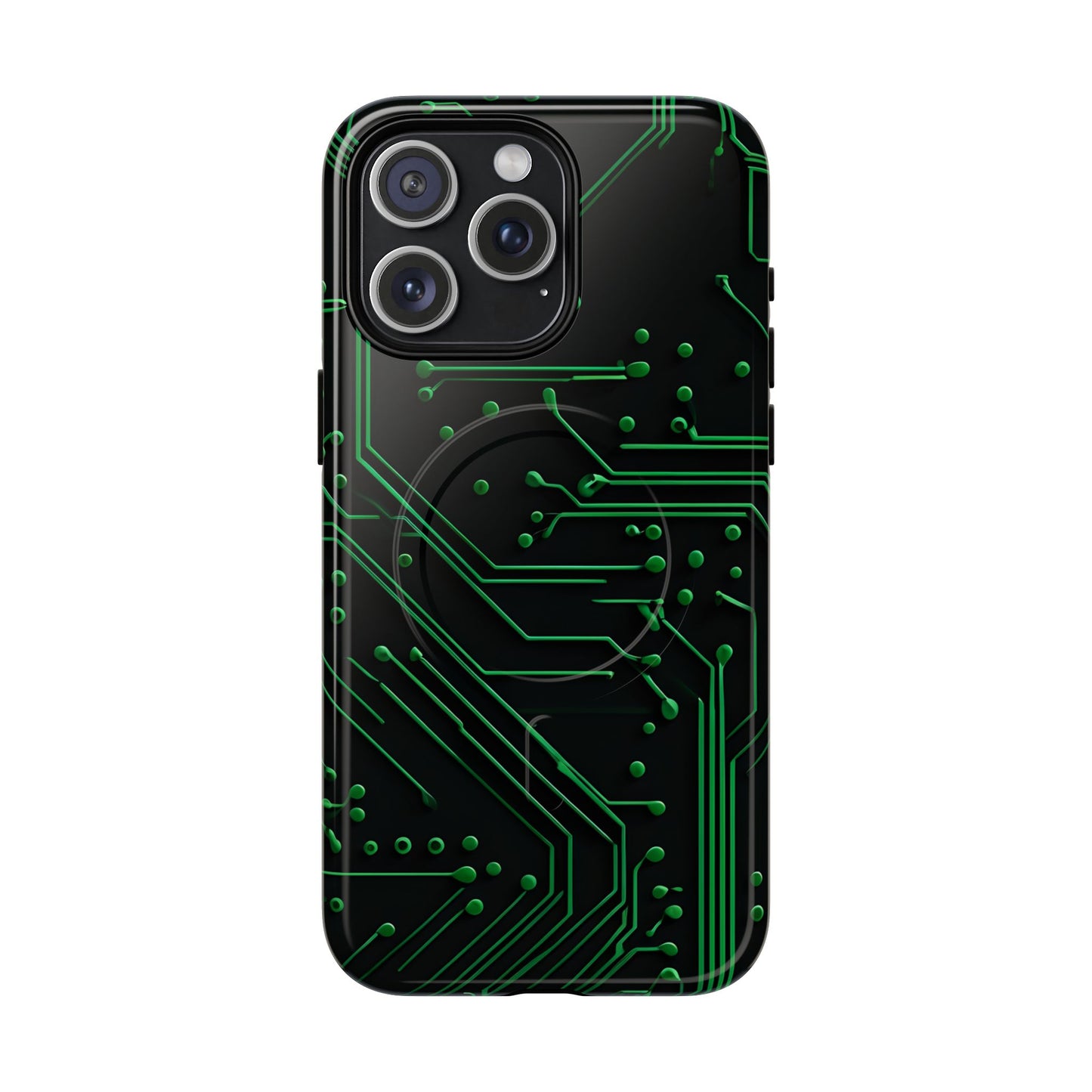 Green Circuit Grid iPhone 15 Pro Max MagSafe case featuring a glowing green circuit board pattern on a black tech-inspired background.