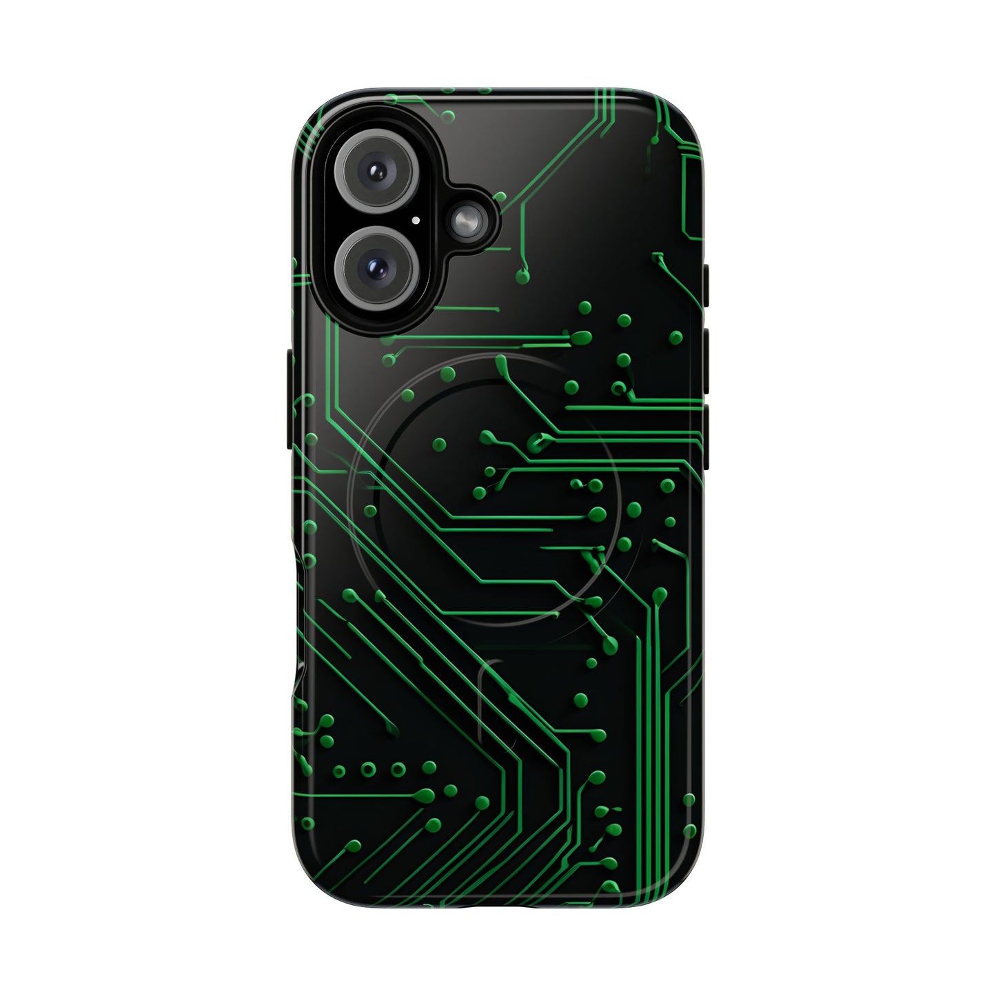 Green Circuit Grid iPhone 16 MagSafe case featuring a glowing green circuit board pattern on a black tech-inspired background.