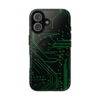 Green Circuit Grid iPhone 16 MagSafe case featuring a glowing green circuit board pattern on a black tech-inspired background.