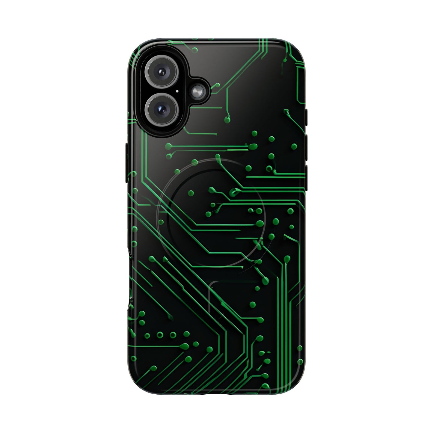 Green Circuit Grid iPhone 16 Plus MagSafe case featuring a glowing green circuit board pattern on a black tech-inspired background.