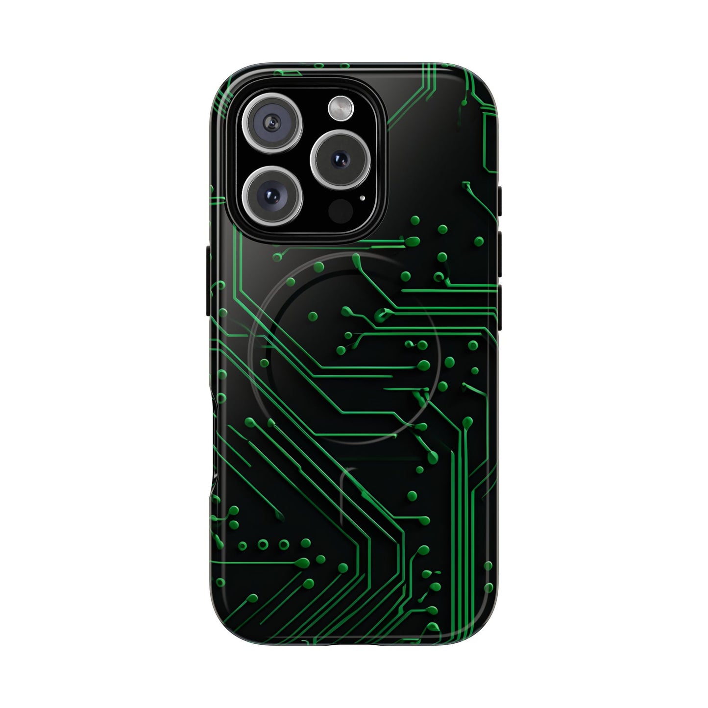 Green Circuit Grid iPhone 16 Pro MagSafe case featuring a glowing green circuit board pattern on a black tech-inspired background.