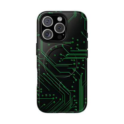 Green Circuit Grid iPhone 16 Pro MagSafe case featuring a glowing green circuit board pattern on a black tech-inspired background.