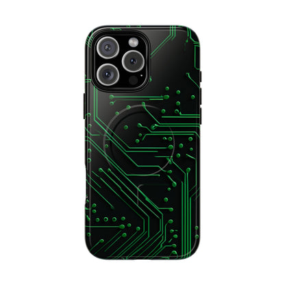 Green Circuit Grid iPhone 16 Pro Max MagSafe case featuring a glowing green circuit board pattern on a black tech-inspired background.