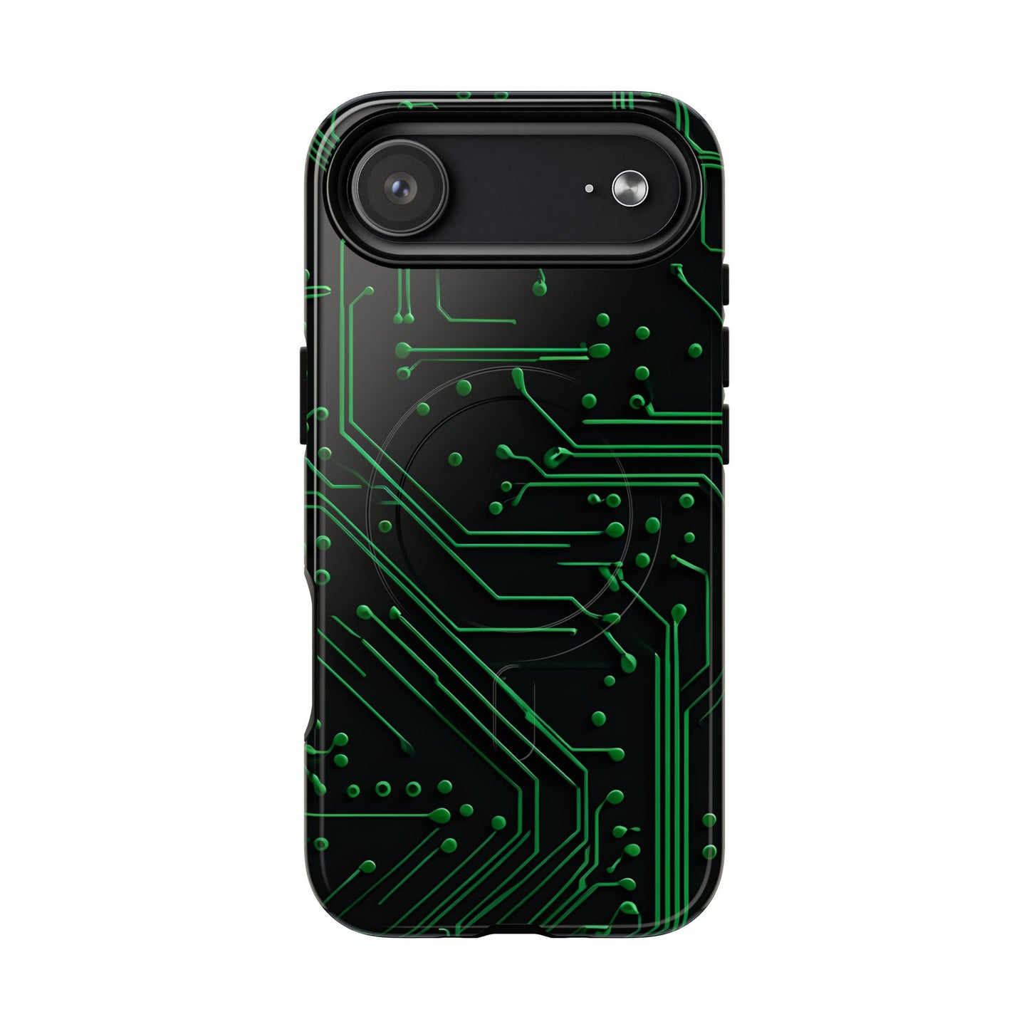 Green Circuit Grid iPhone 17 Air MagSafe case featuring a glowing green circuit board pattern on a black tech-inspired background.
